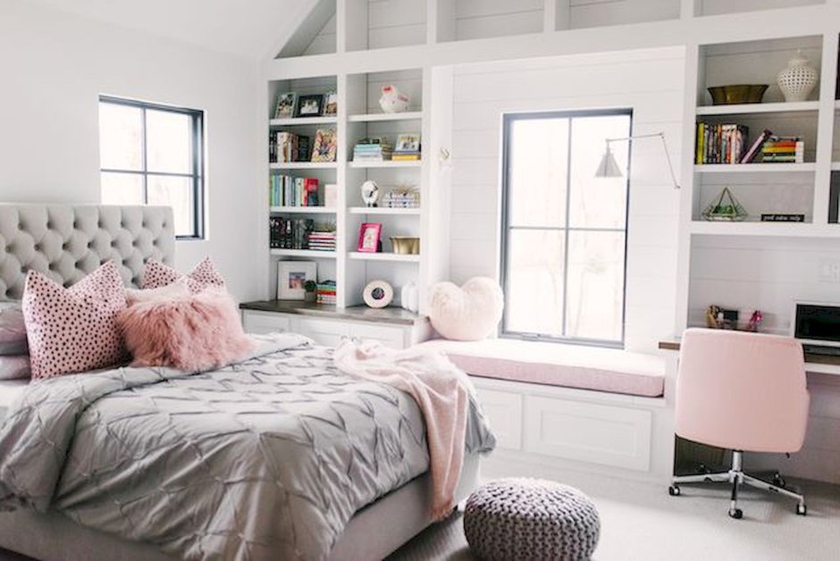 White grey pink bedroom