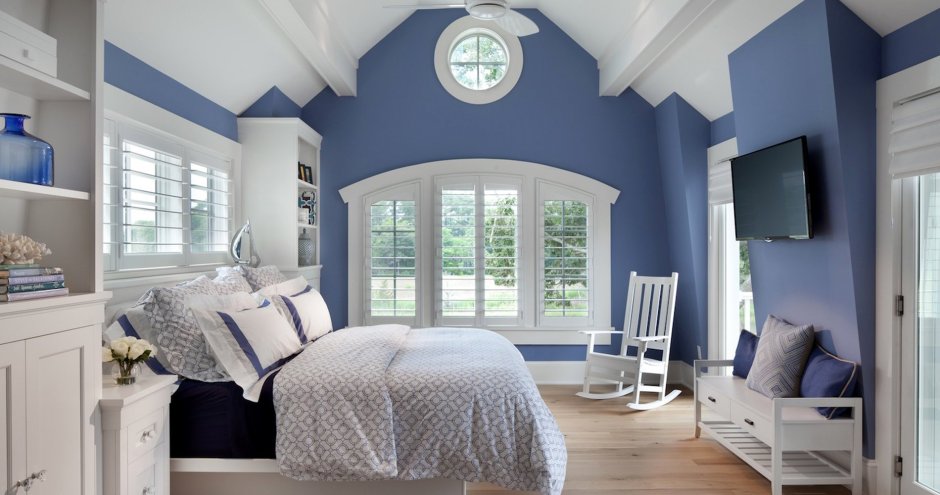 Dark blue and white bedroom