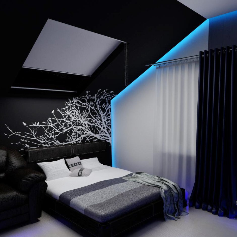 Black bedroom with led lights