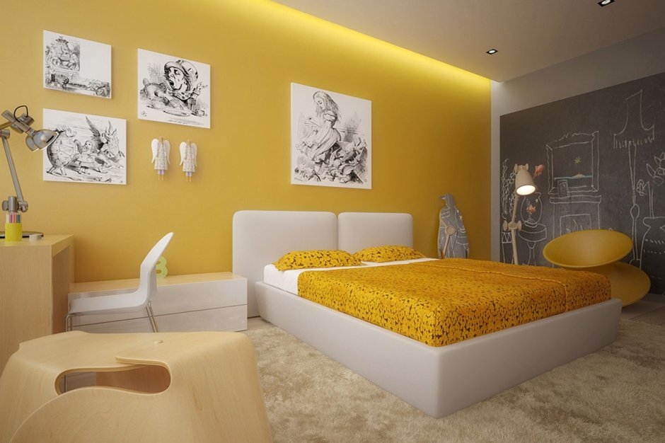Grey white yellow bedroom