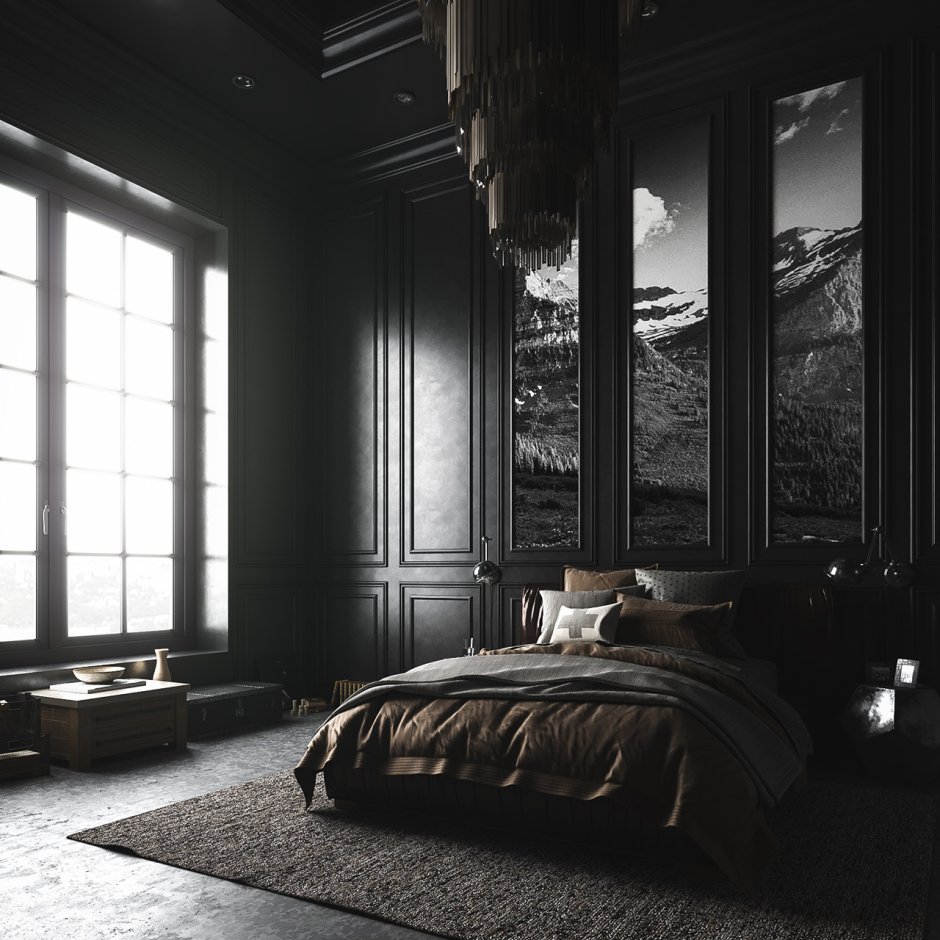 Light bedroom with dark furniture
