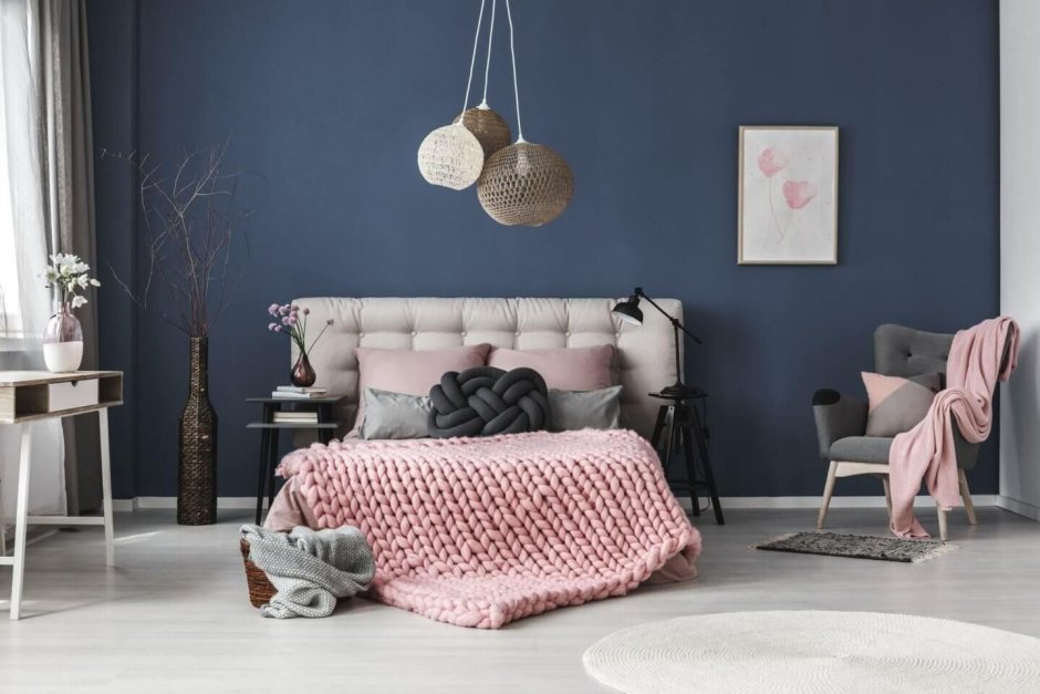 Pink and dark blue bedroom