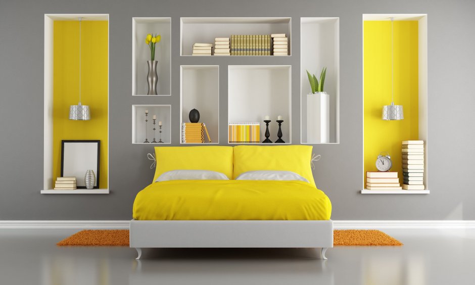 Yellow white and grey bedroom