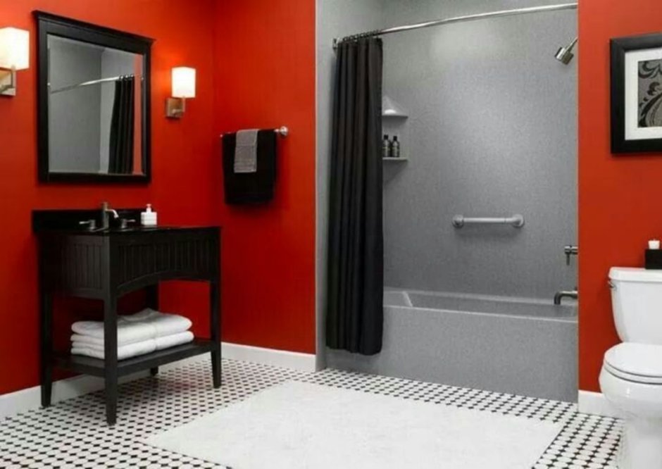 Red black and white bathroom
