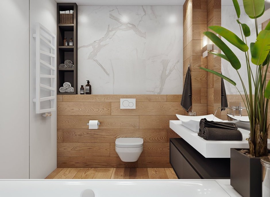 Wood and marble bathroom
