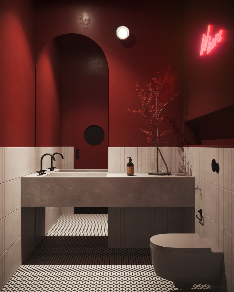 Small red and black bathroom