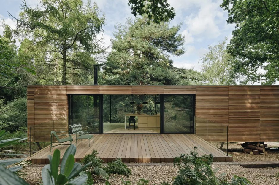 Glass cabin in the woods