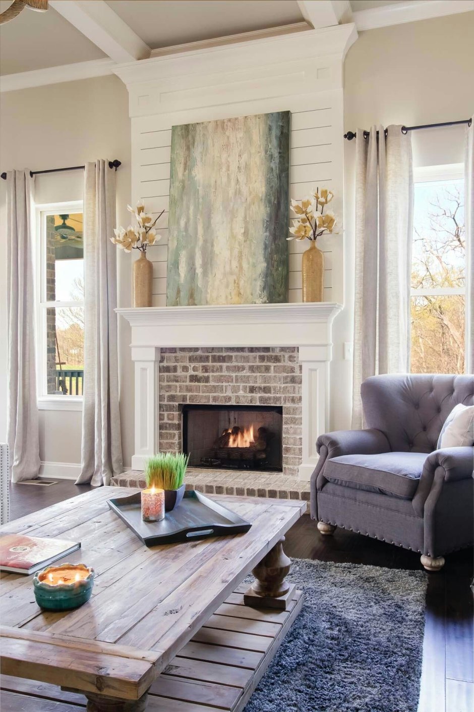 Fireplace wall with windows