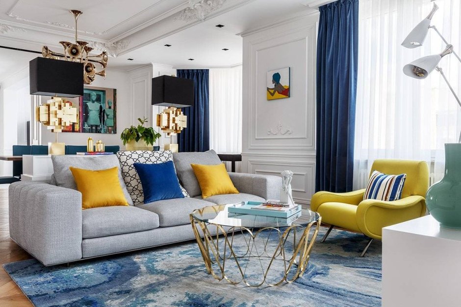 Blue sofa and yellow curtains