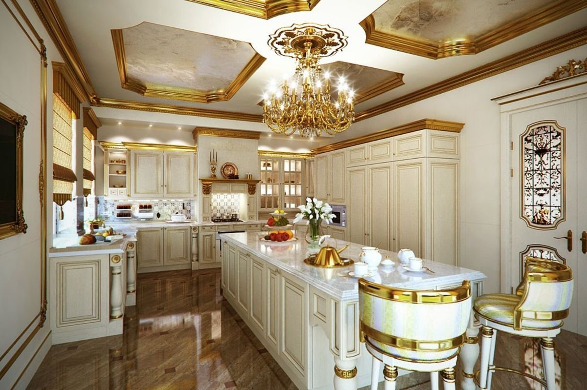 Gold дома. Кухня Версаче белая с золотом. Стиль Барокко в интерьере кухни. Кухни в стиле Барокко и рококо. Роскошная кухня.