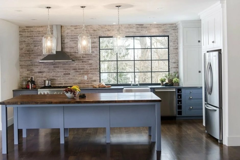 Grey Kitchen with Brick Wall
