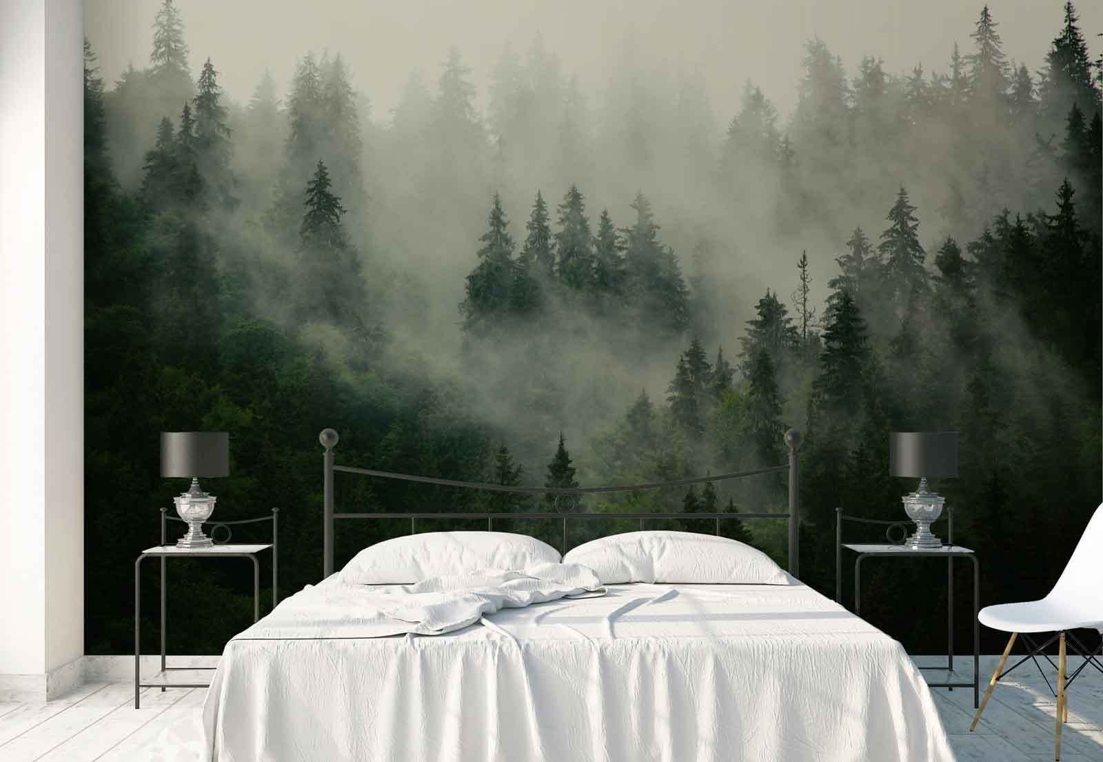 Обои на стену лес. Аффреско туманный лес. Фреска туманный лес Affresco. Спальня с лесом. Спальня с лесом на стене.