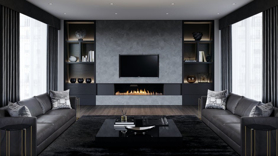 Living rooms with a fireplace in a modern style
