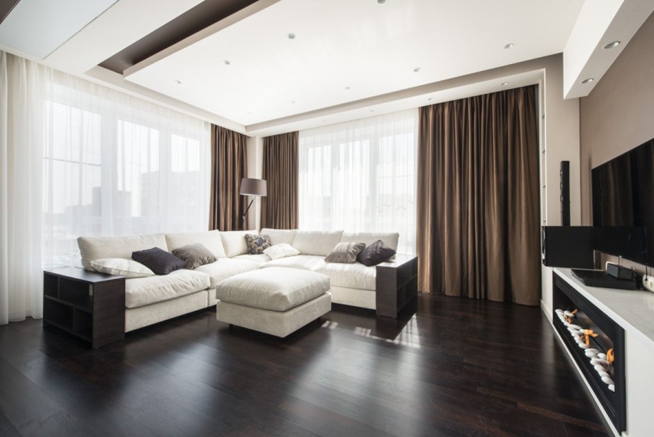 Living room with a dark floor
