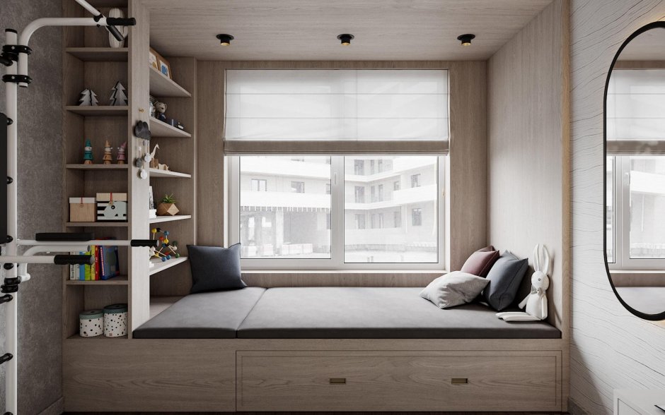 The bedroom with the podium by the window