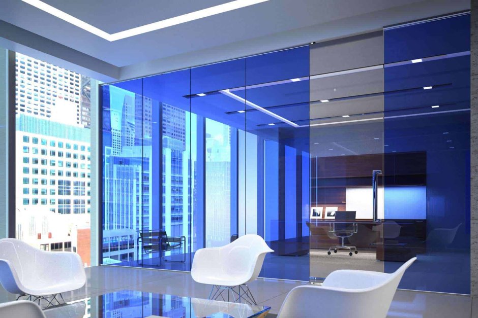 The blue interior of the office