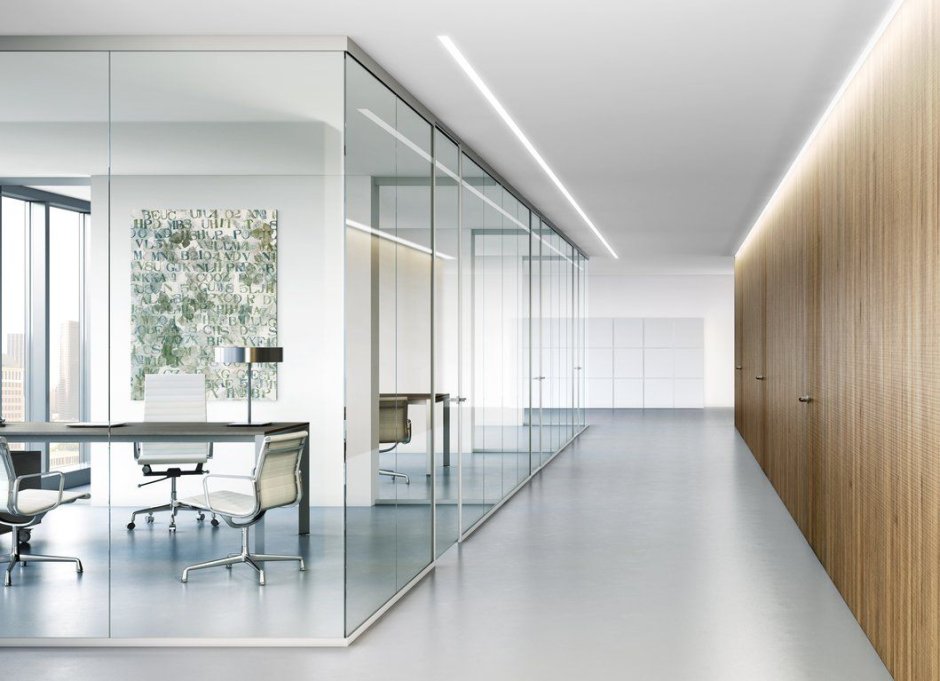Glass partitions in the interior of the office
