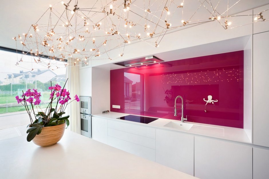 Pink kitchen in the interior
