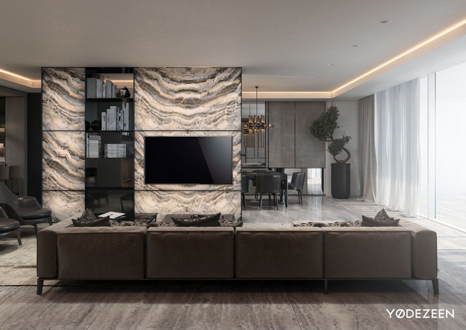 Living room with marble wall