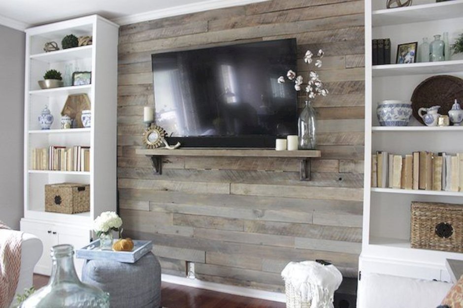 Wooden panel on the wall under the TV