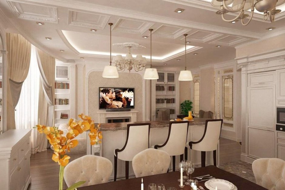 Kitchen dining room living room in neoclassic style
