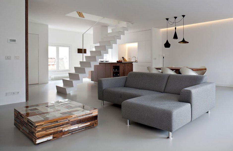 Two -storey apartment in the style of minimalism