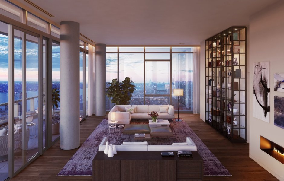 Living room with panoramic windows in New York Penthouse