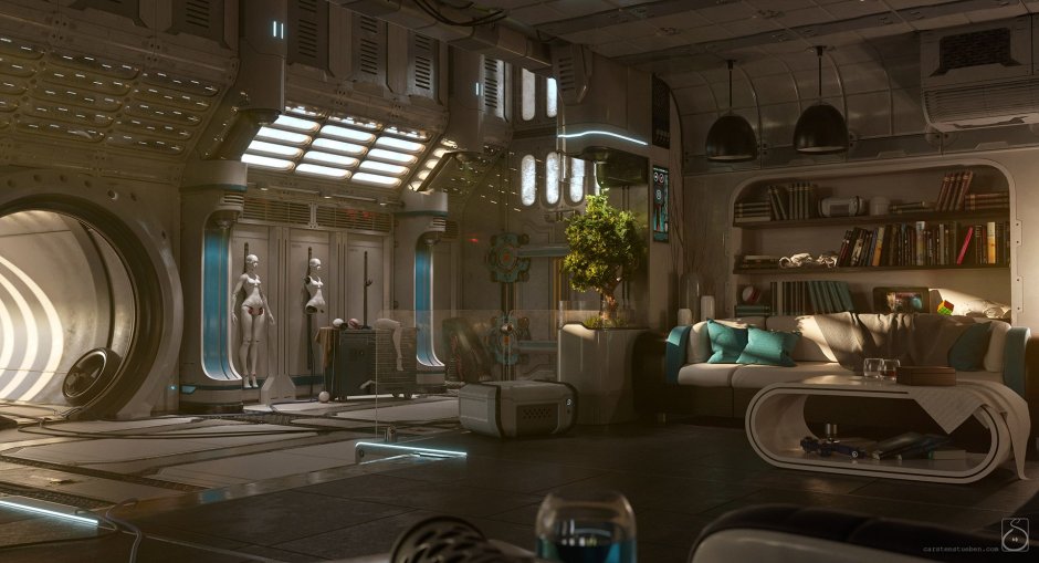 Interior in the style of cyberpunk futurism