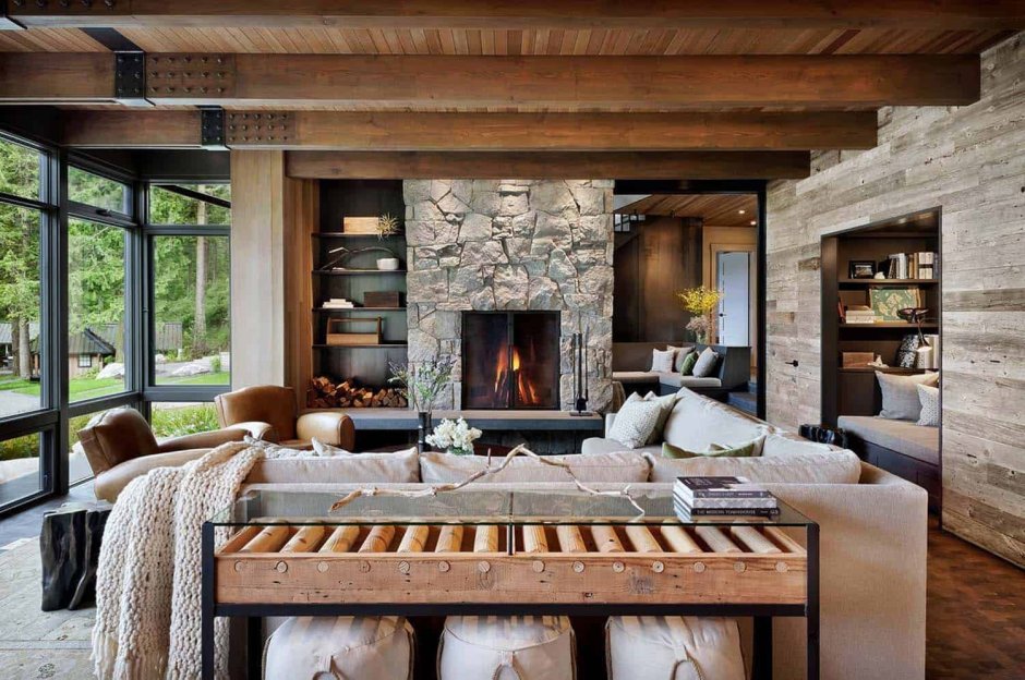 Living Room with A FirePlace in a Wooden House