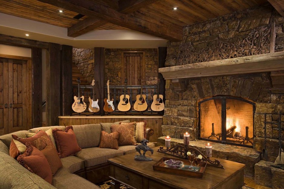 Village -style living room with fireplace