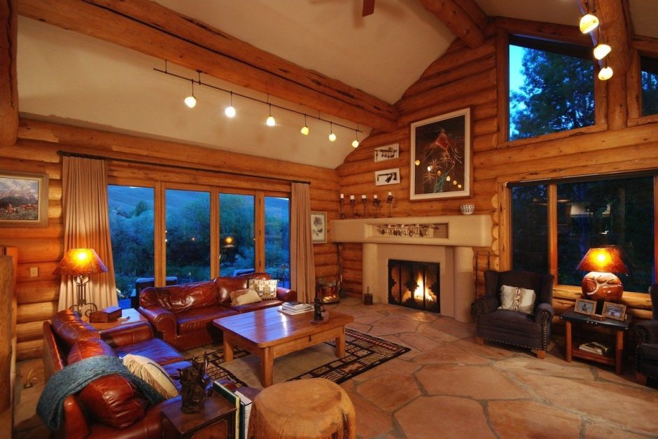 Wooden living room with fireplace