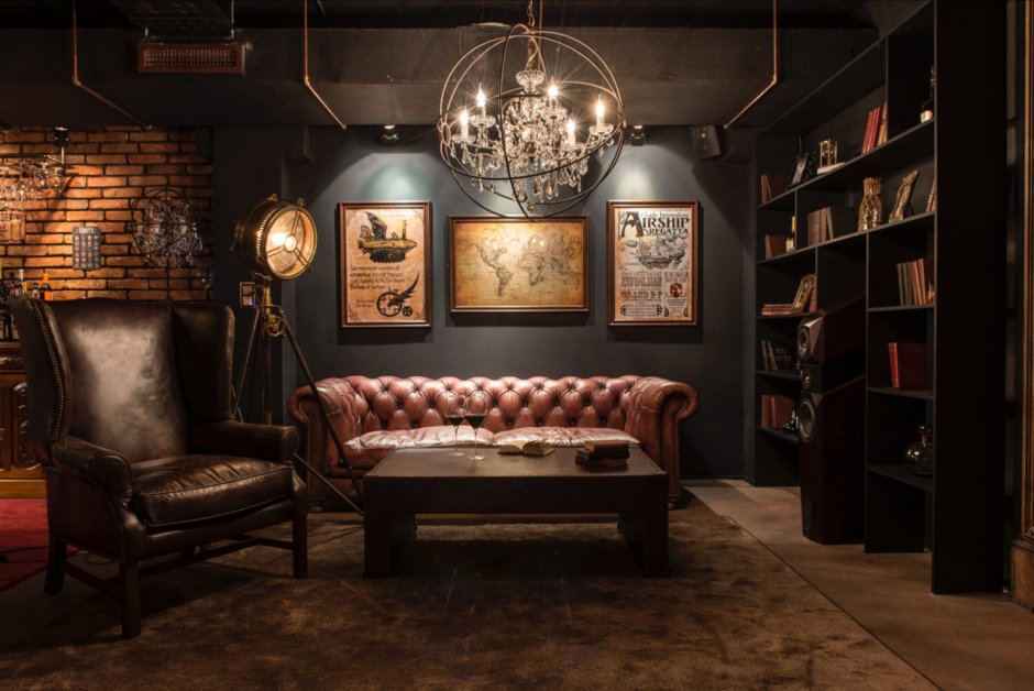 Interior of a room in the style of steampunk
