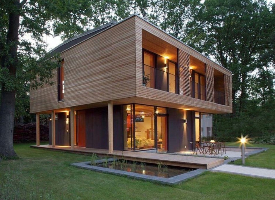Two -story house with a single -sided roof in the style of modern