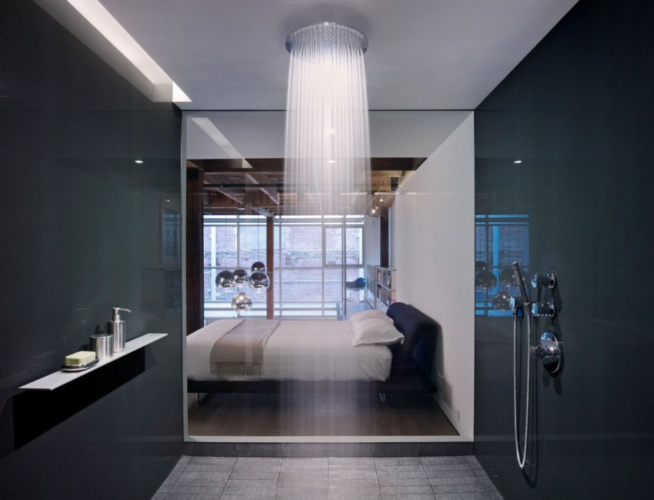 Bathroom with a glass wall