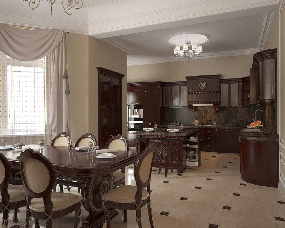 The interior of the kitchen in the classic style in brown tones