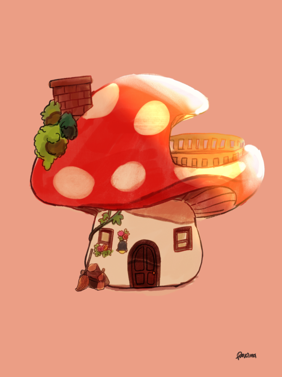 Mushroom houses with watercolor sketch
