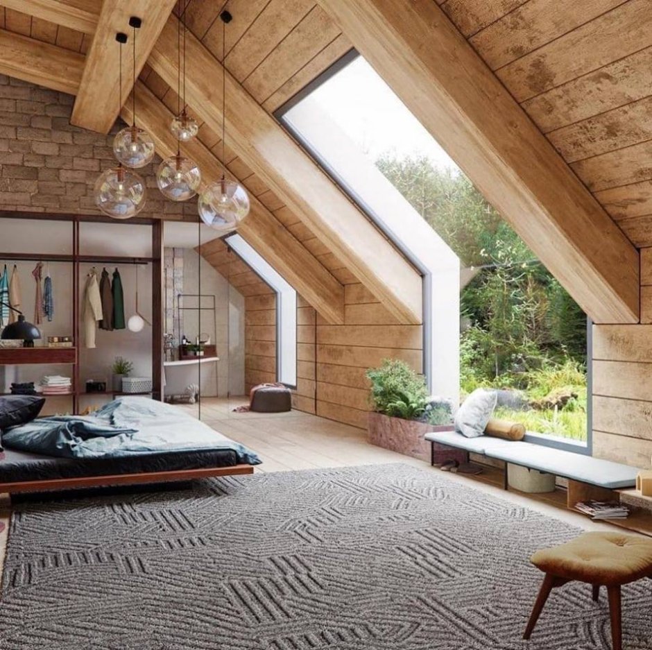 Cozy bedroom in a wooden house