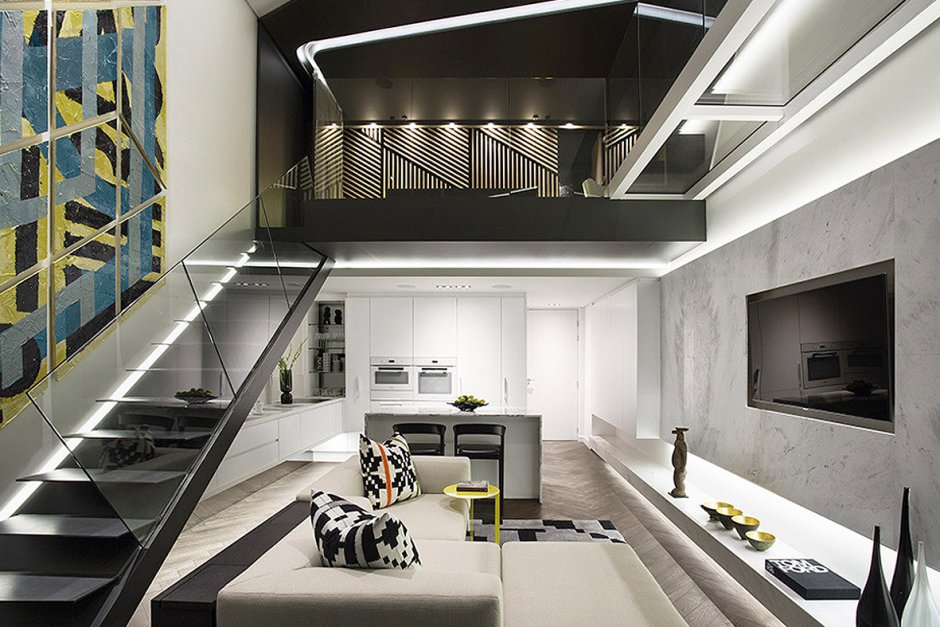 The interior of a two -story apartment