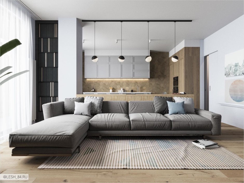 Room design with a gray sofa