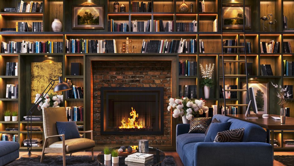 Library with fireplace