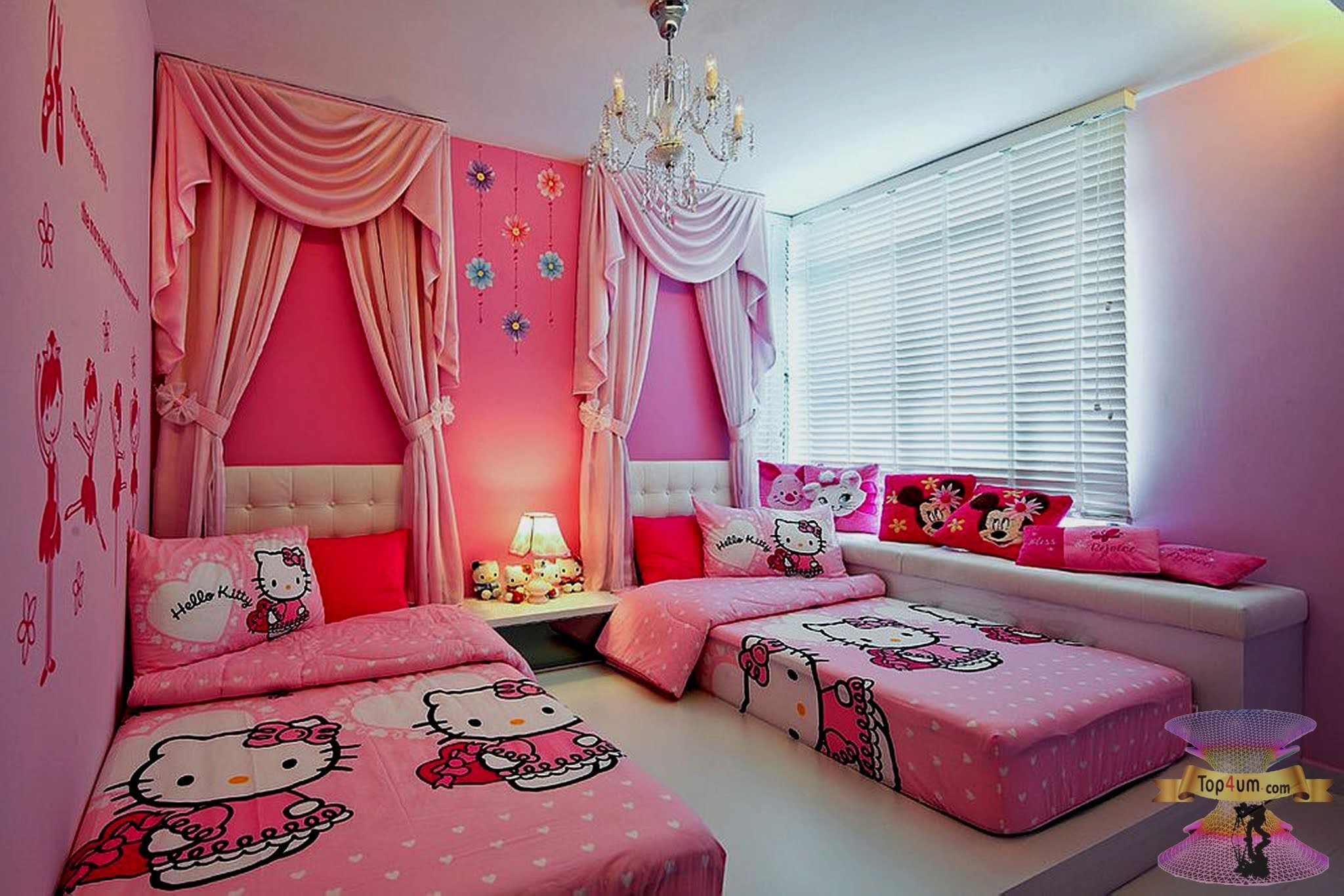 Красивые комнаты на двоих. Розовая комната Хеллоу Китти. Комната в стиле Хэллоу Китти. Комната для девочки Хеллоу Китти. Спальня для 2 девочек.