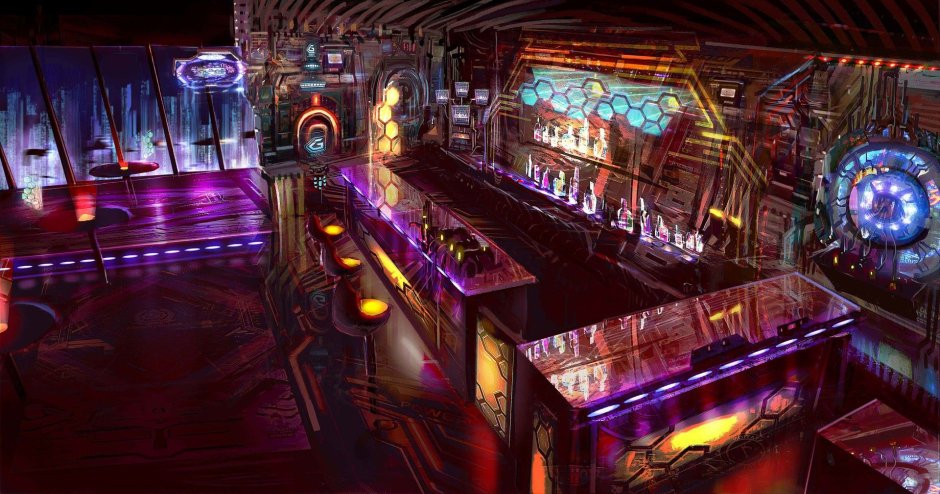Neon cyberpunk bar