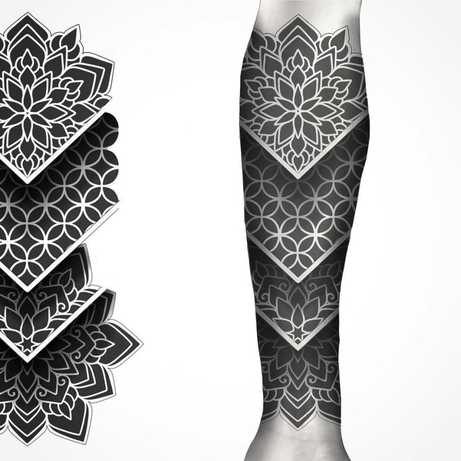 Fine line style mandala tattoo on the right forearm.