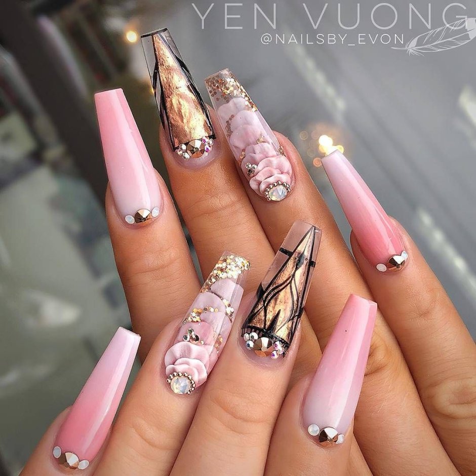 Hypnaughty 24 Pcs Tropical Colorful French with Gold Glitter Coffin Press  On Nails with Design and Glue Long and Extra Long Fake Nails Pink Nails  with Colorful French Tips and Gold Glit -