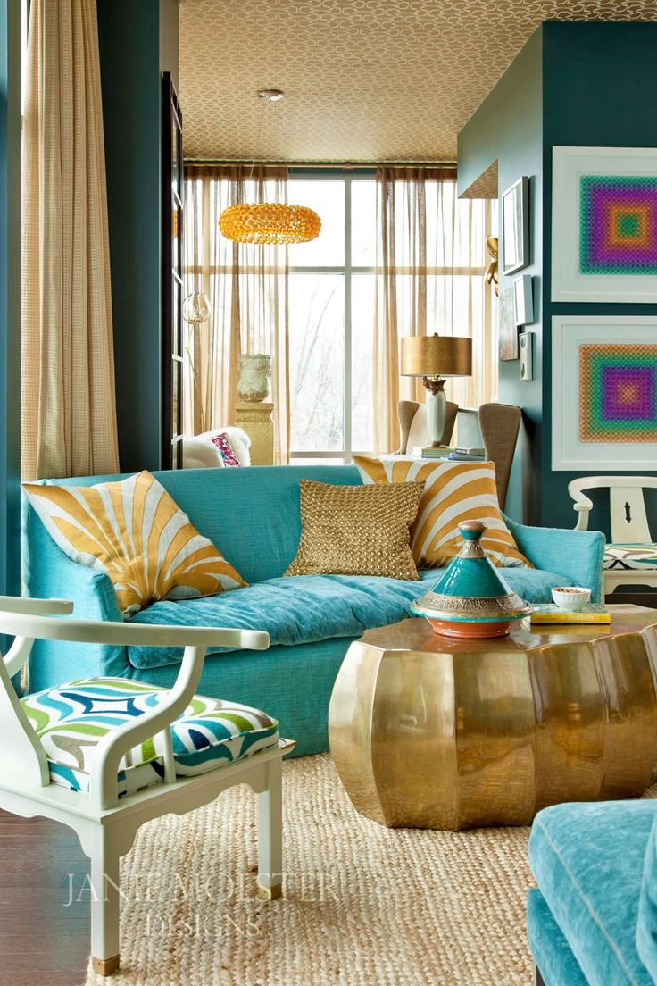 Teal and orange color scheme living room