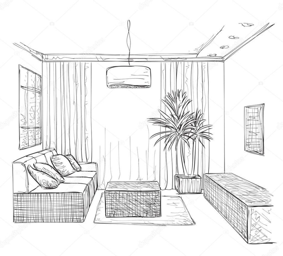 One point perspective living room drawing