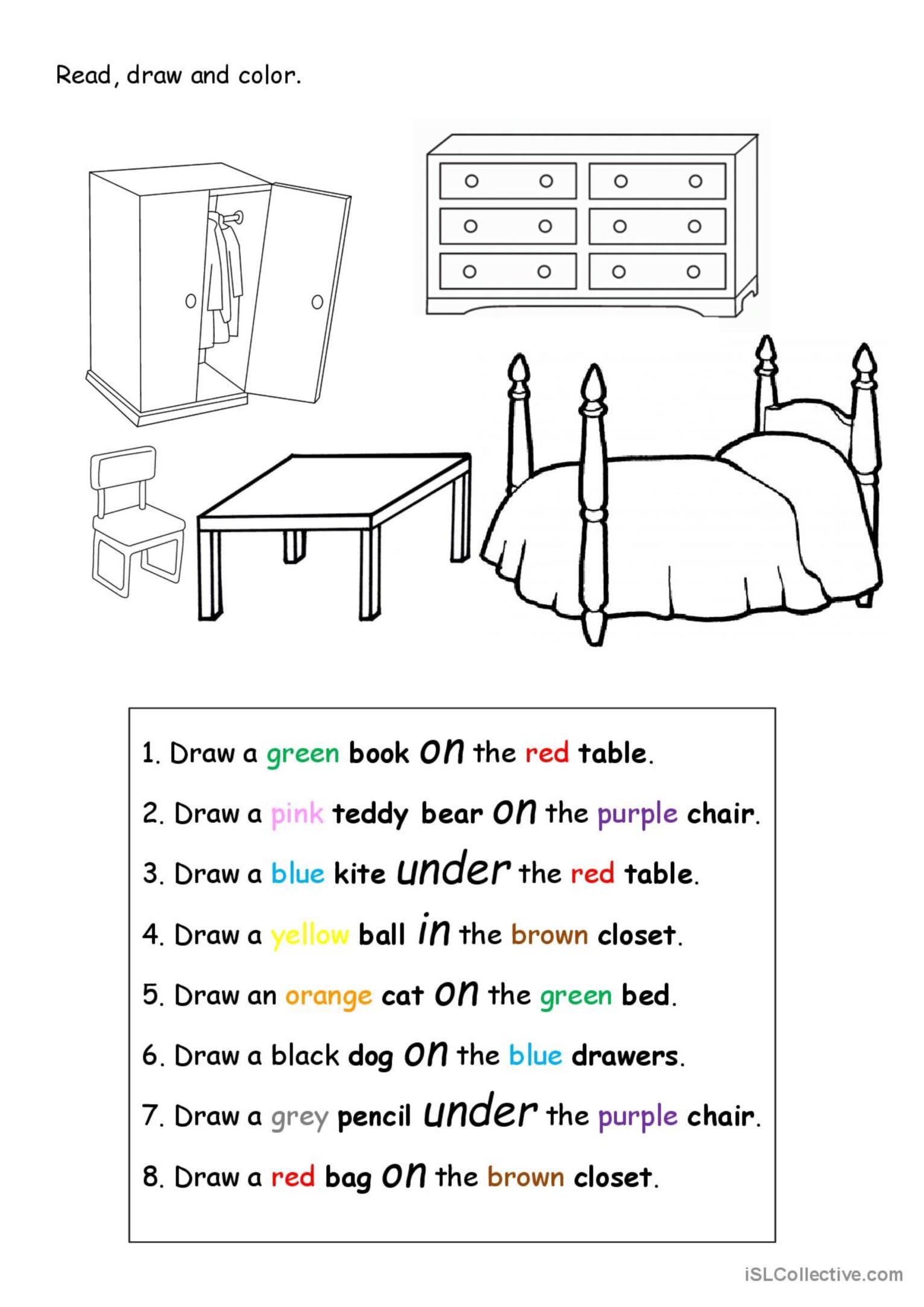 Read and draw pictures. Задания по английскому на тему мебель. Задания по теме Furniture. Задания по теме мебель на английском языке. Мебель задания для детей по английскому.