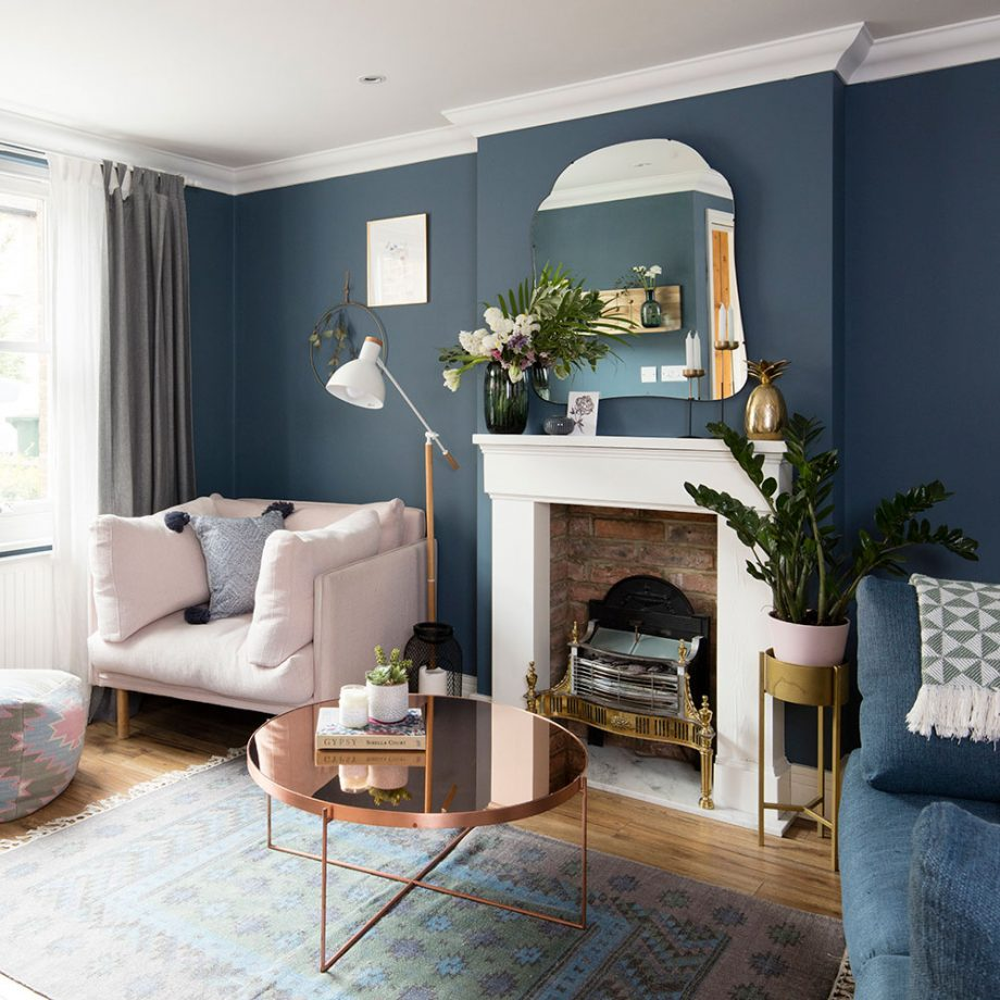 Yellow gray and blue living room