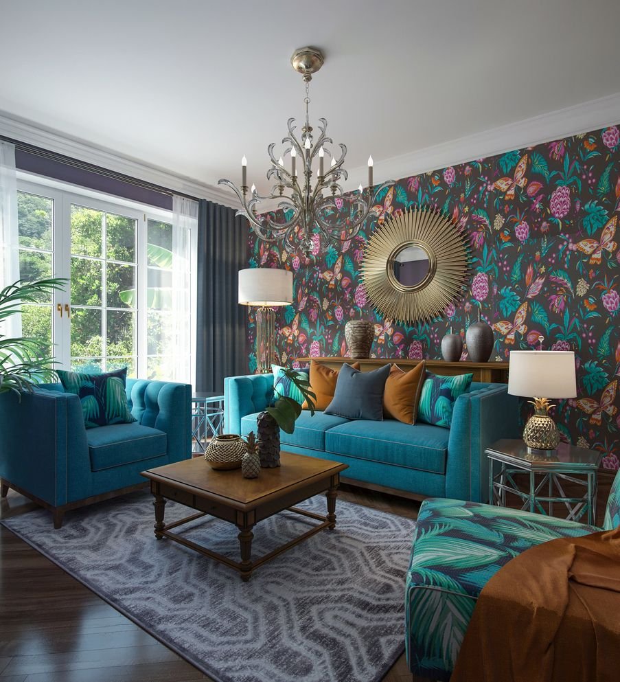 Turquoise and mustard living room