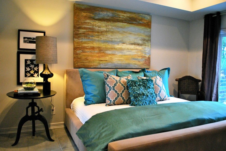 Teal and brown living room